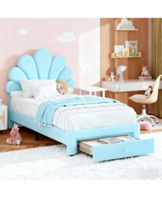 Twin Size Upholstered Bed Frame with 2 Storage Drawers, Adjustable Velvet Headboard, Solid Wood Slats, No Box Spring Needed