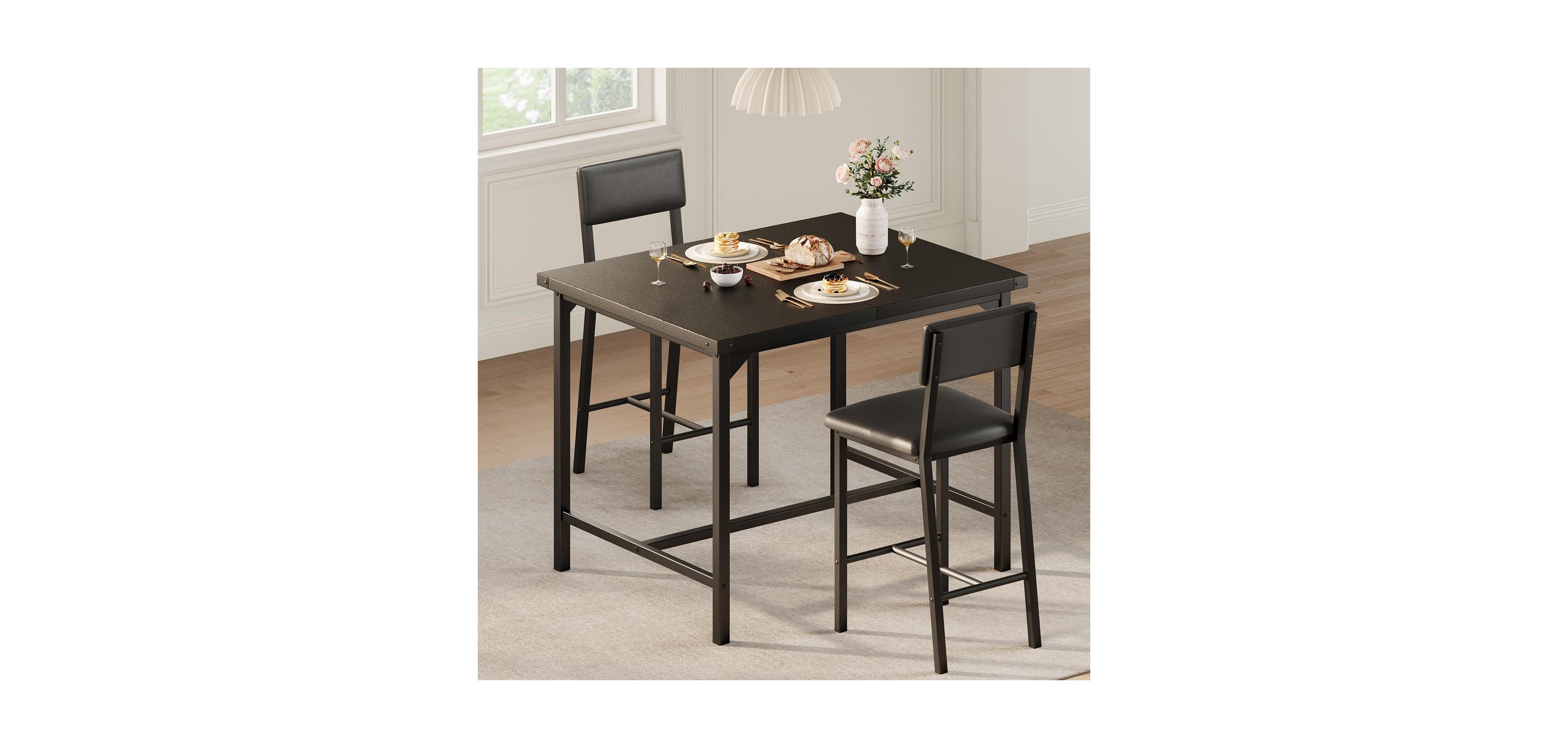 gaomon Dining Table Set for 2 w/Counter Height & Upholstered Bar Stools, 3Pcs Kitchen with Footrest Corner Protector
