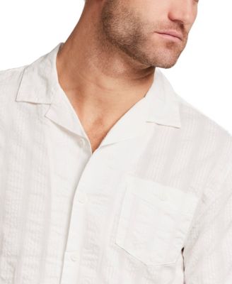 Men's Short-Sleeve Button Down Vertical Texture Camp Collar Cotton Shirt