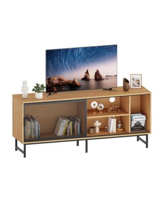 63 Inch Modern Industrial TV Stand for Living Room for TV up to 70"–Metal Mesh Sliding Doors–3 Open Storage Compartments
