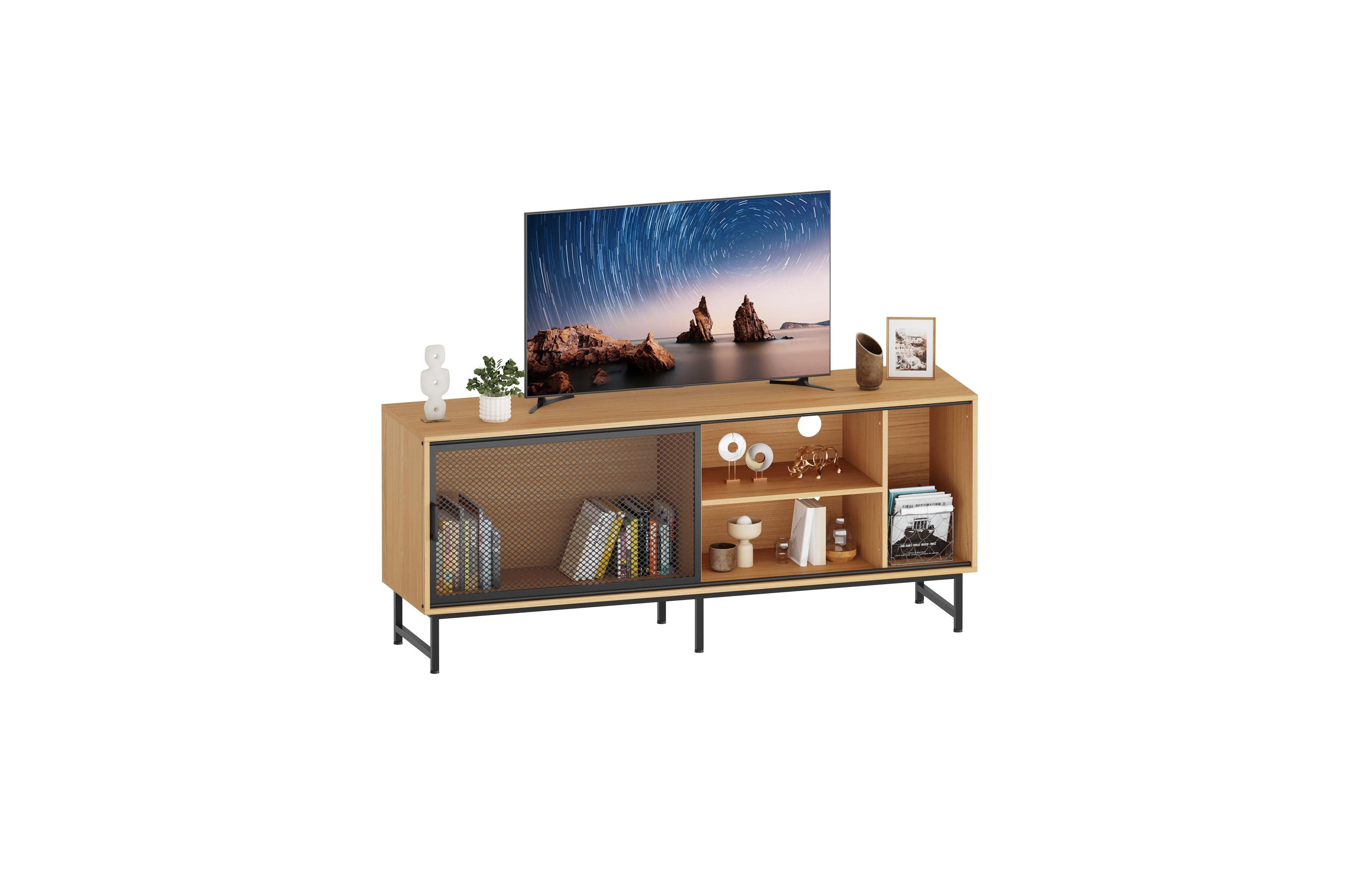 gaomon 63 Inch Modern Industrial Tv Stand for Living Room for Tv up to 70"–Metal Mesh Sliding Doors–3 Open Storage Compartments