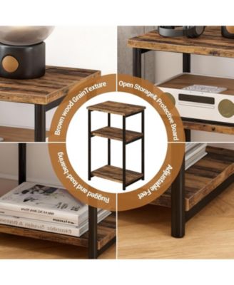Slim 3-Tier End Table with Storage Shelves, Narrow Mobile Side Table for Small Spaces, Industrial Wood & Metal Sofa Table, Record Player St