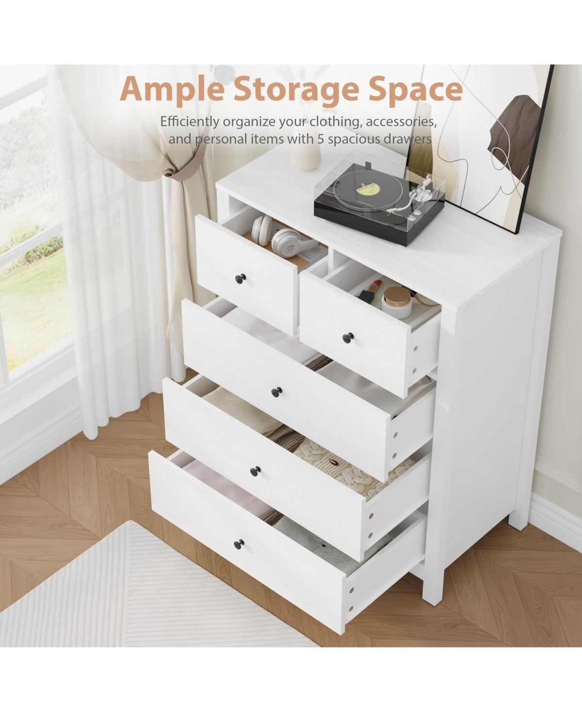 gaomon White 5 Drawer Dresser for Bedroom, Modern Tall Dresser Organizer with Storage Drawers, Wooden Chests of Drawers for Bedroom, Entryway, Hallway