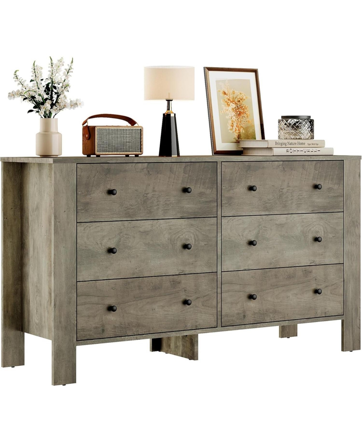 gaomon Grey 6 Drawer Dresser for Bedroom, Modern Wide Dresser Organizer with Storage Drawers, Wooden Chests of Drawers