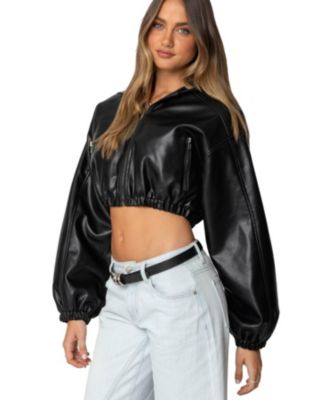 Women's Hooded Faux Leather Cropped Jacket