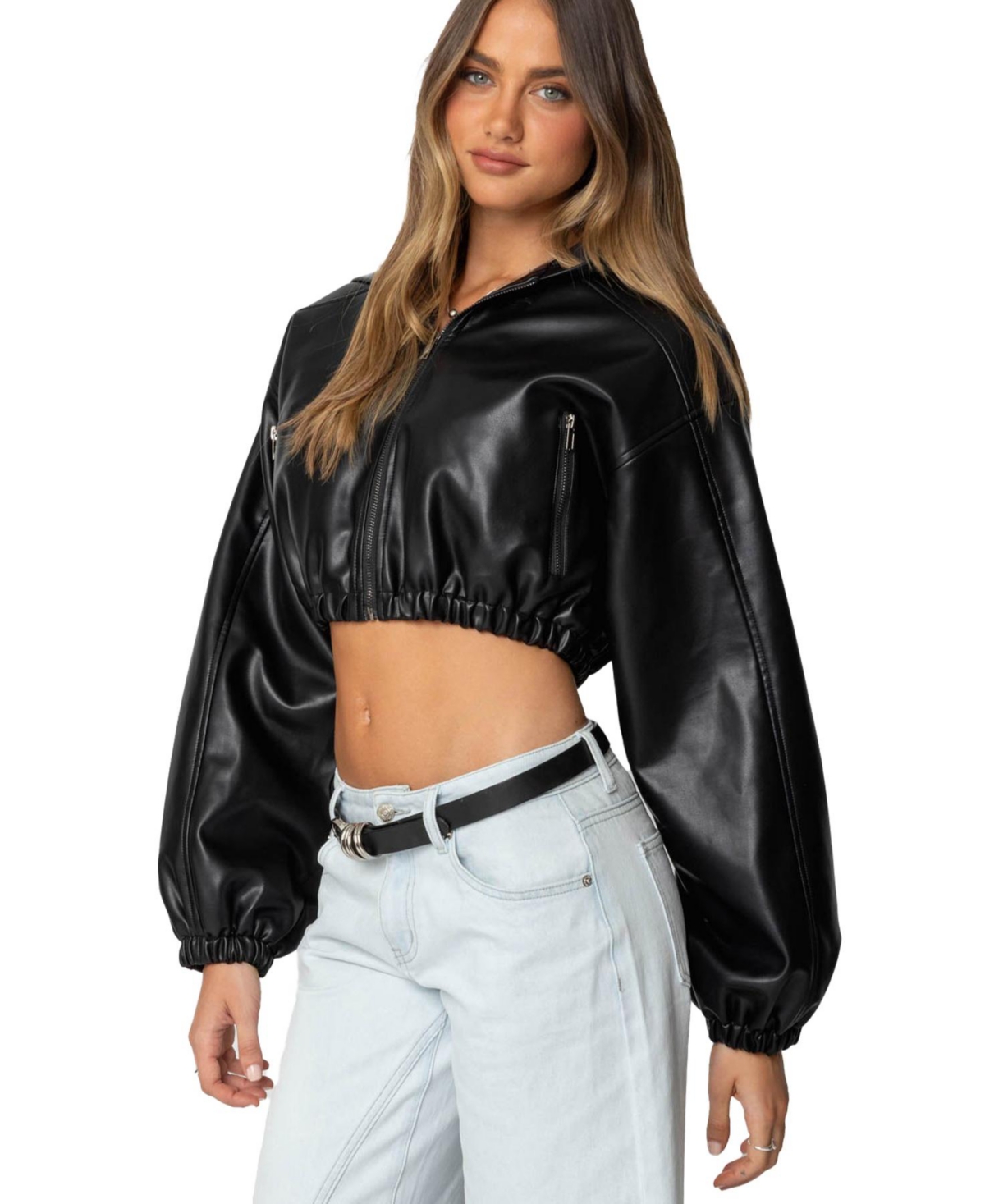 Edikted Women's Hooded Faux Leather Cropped Jacket