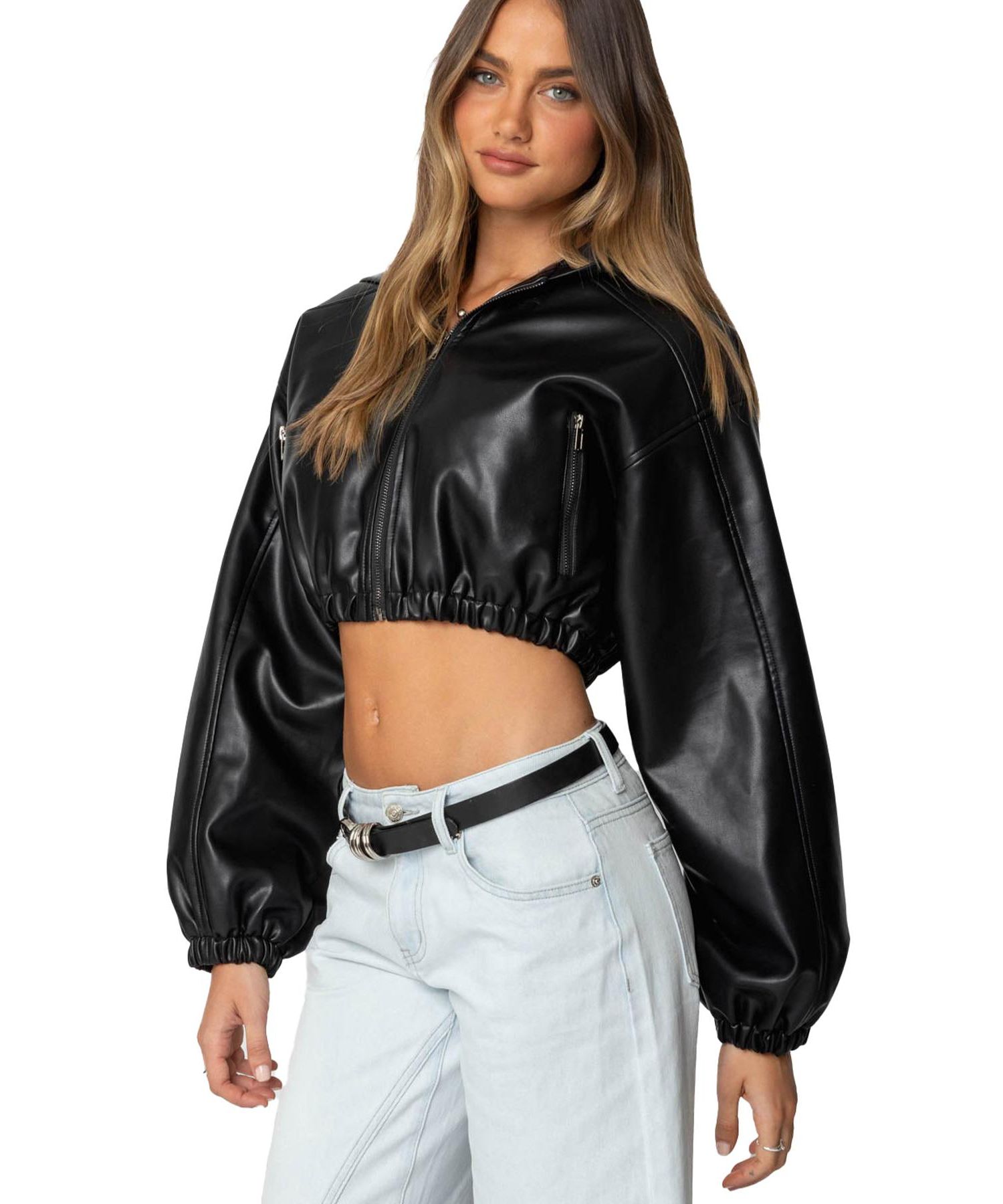 Women's Hooded Faux Leather Cropped Jacket