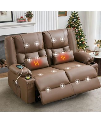 Oversized Faux Leather Recliner Loveseat with Massage, Heat & Cup Holders