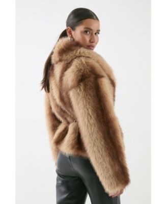 Women's Faux Fur Wide Collar Belted Jacket