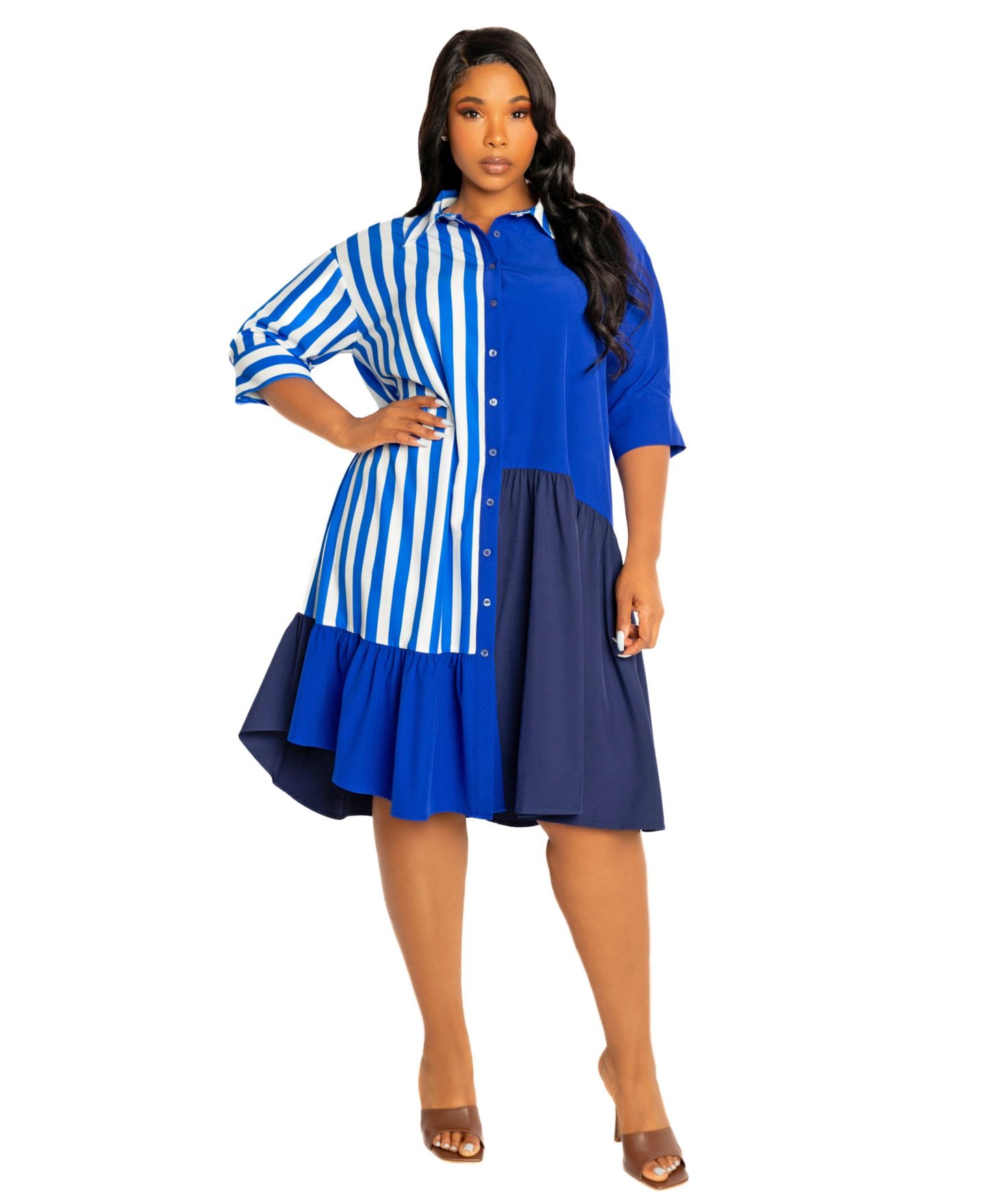 Женское платье Buxom Couture Plus Size Mixed Stripe Shirt Dress, цвет: Синий разноцветный — фото 1