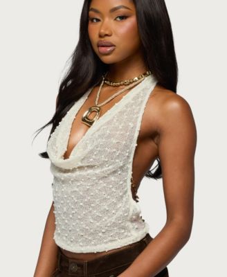 Women's Textured Backless Bead Chain Halter Top