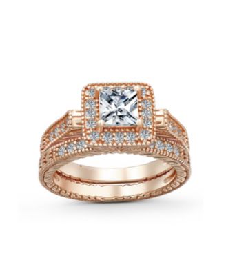 Art Deco Style Cubic Zirconia Halo CZ Square Princess Cut Solitaire Ring Set with Band Sterling Silver