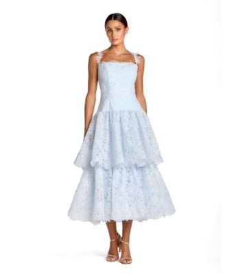 Women's Petite Sleeveless Embroidered Lace Tiered Midi Dress