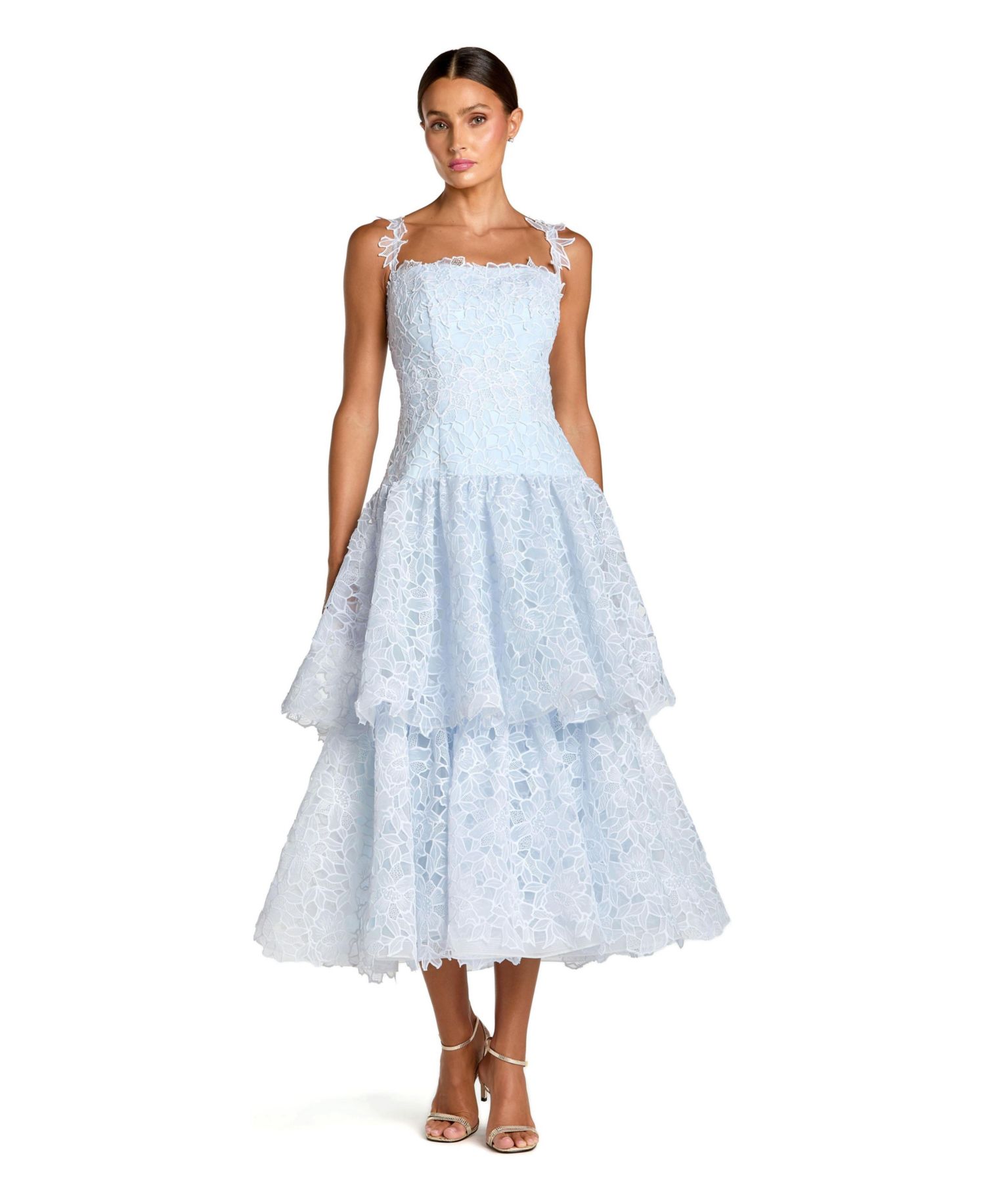 Women's Petite Sleeveless Embroidered Lace Tiered Midi Dress