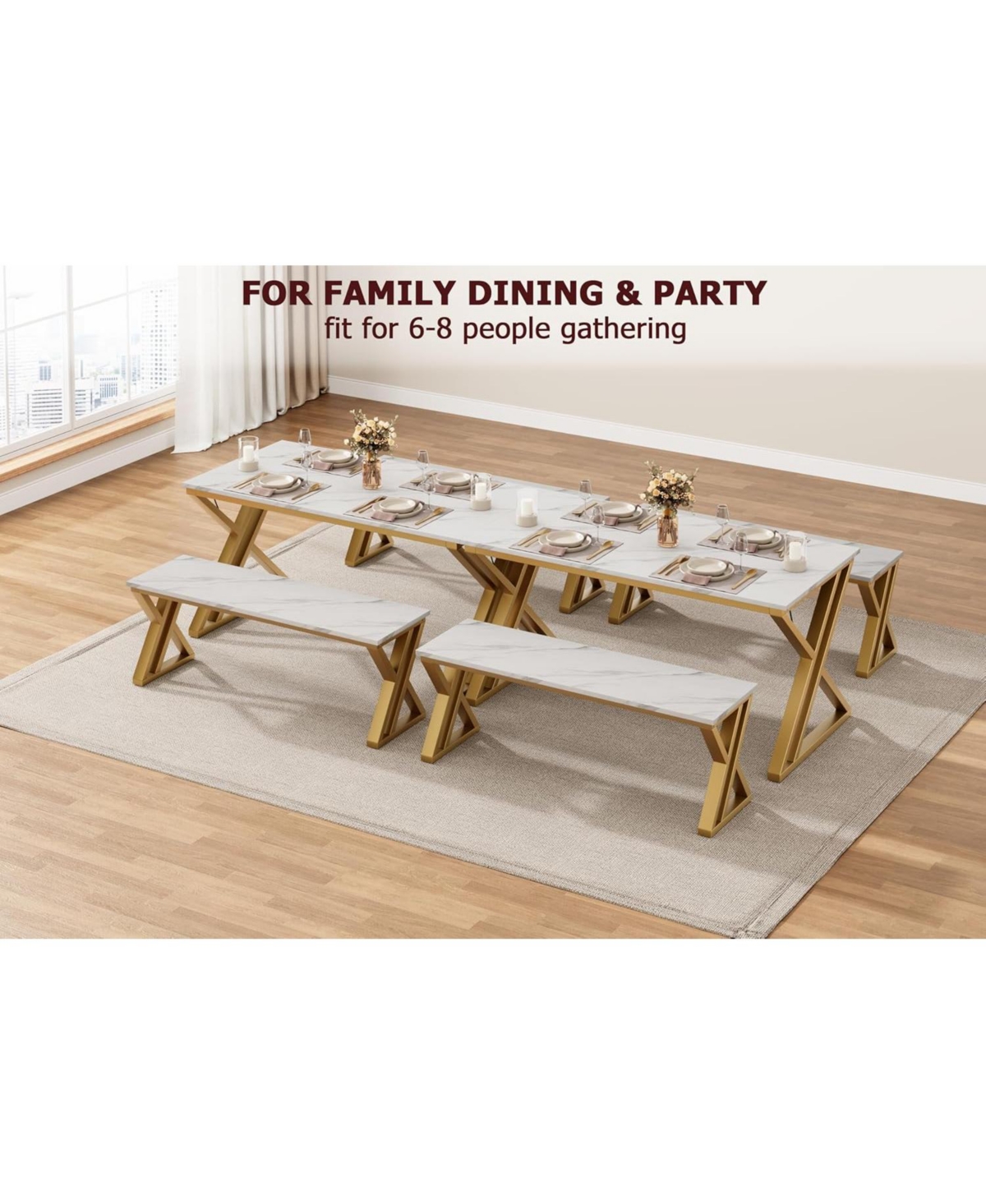 gaomon Kitchen Room Dining Table Set with Benches for 4, Sturdy Metal X Frame Space Saving