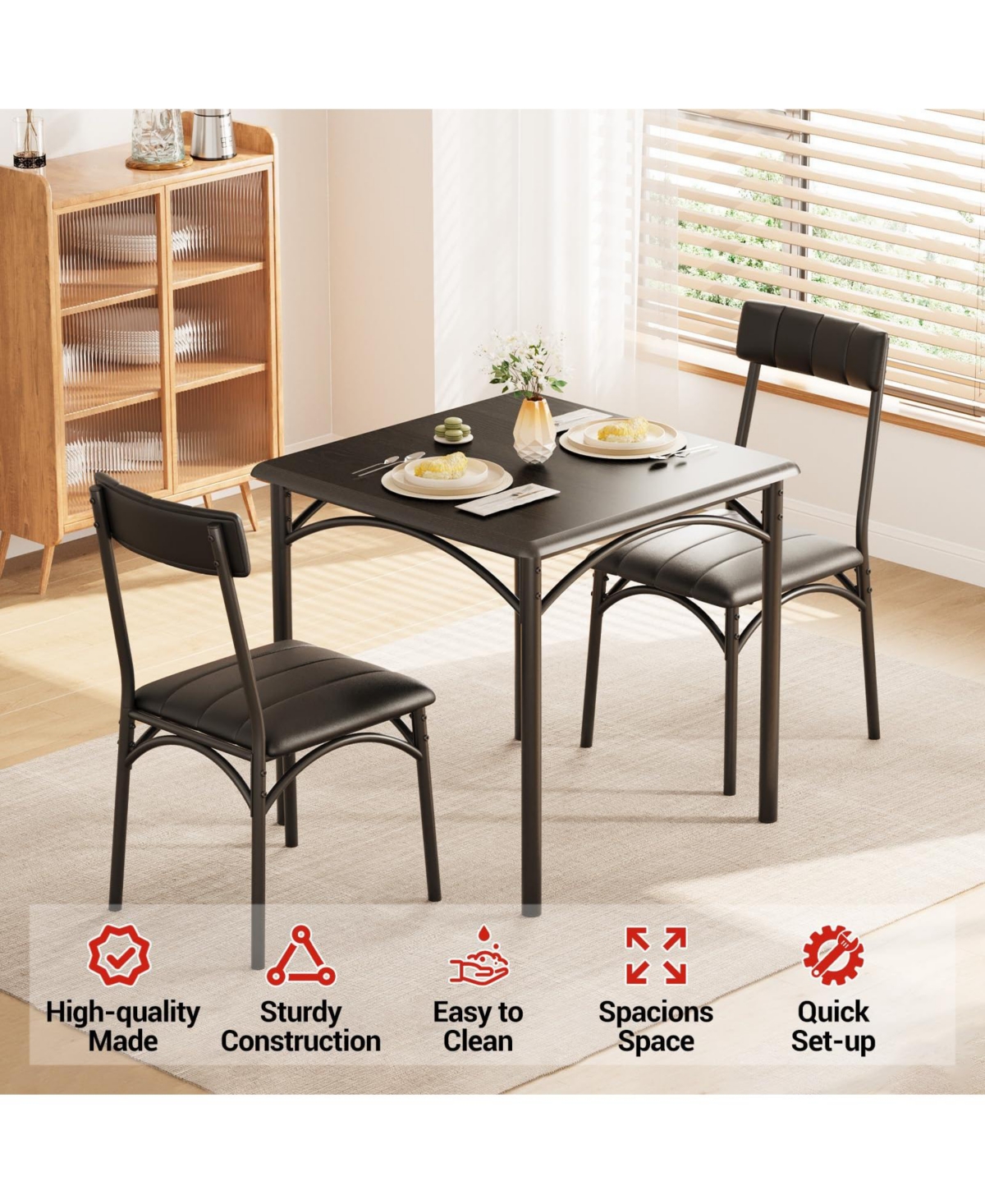 gaomon Dining Table Set, 1 and 2 Upholstered Chairs, for Breakfast Nooks Small Rooms, Ideal Kitchen
