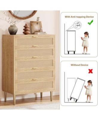 Rattan 5 Drawer Tall Dresser, Narrow Wooden Chest with Metal Legs & Handles for Bedroom