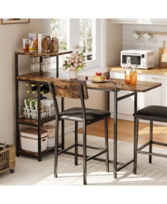 Bar Table and Chairs Set for 2, 3 Piece Breakfast Nook with Storage Shelves, Cup Holder, Wine Rack & PU Leather Bar Stools