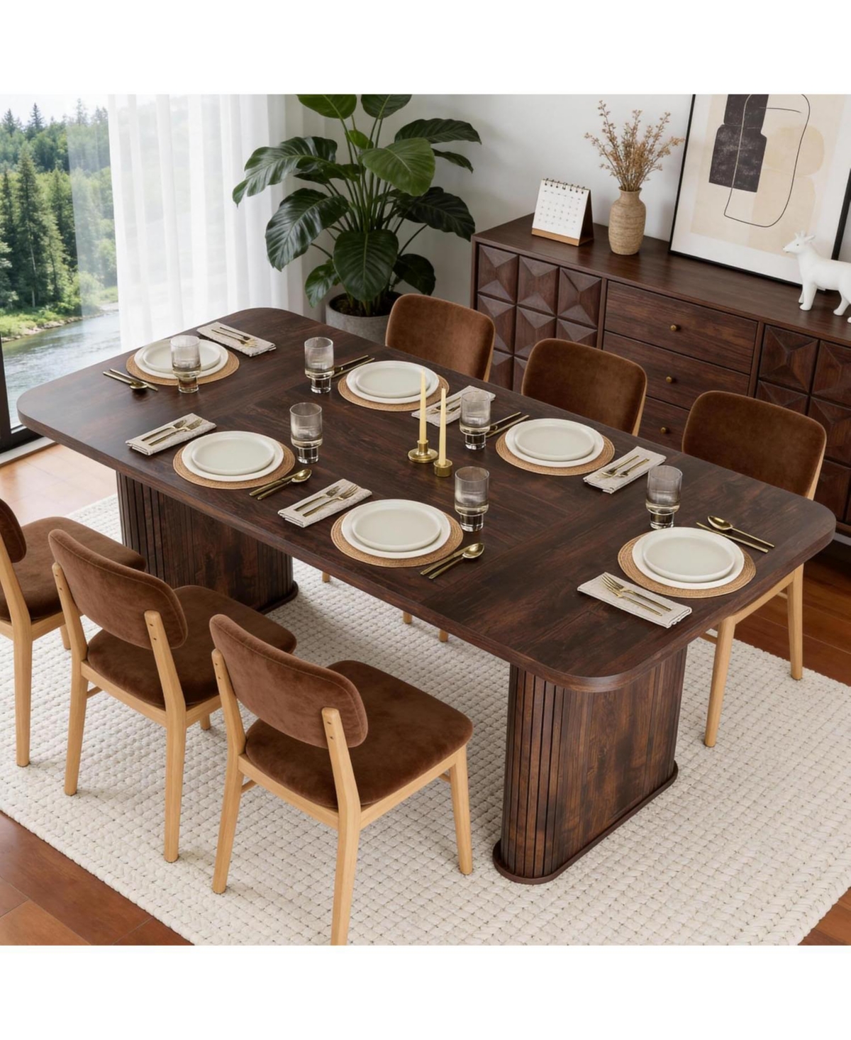 gaomon 62" Large Dining Table, Set for 6-8 People, Kitchen Table with Grille Design, Suitable Dining, Home, Office, Living