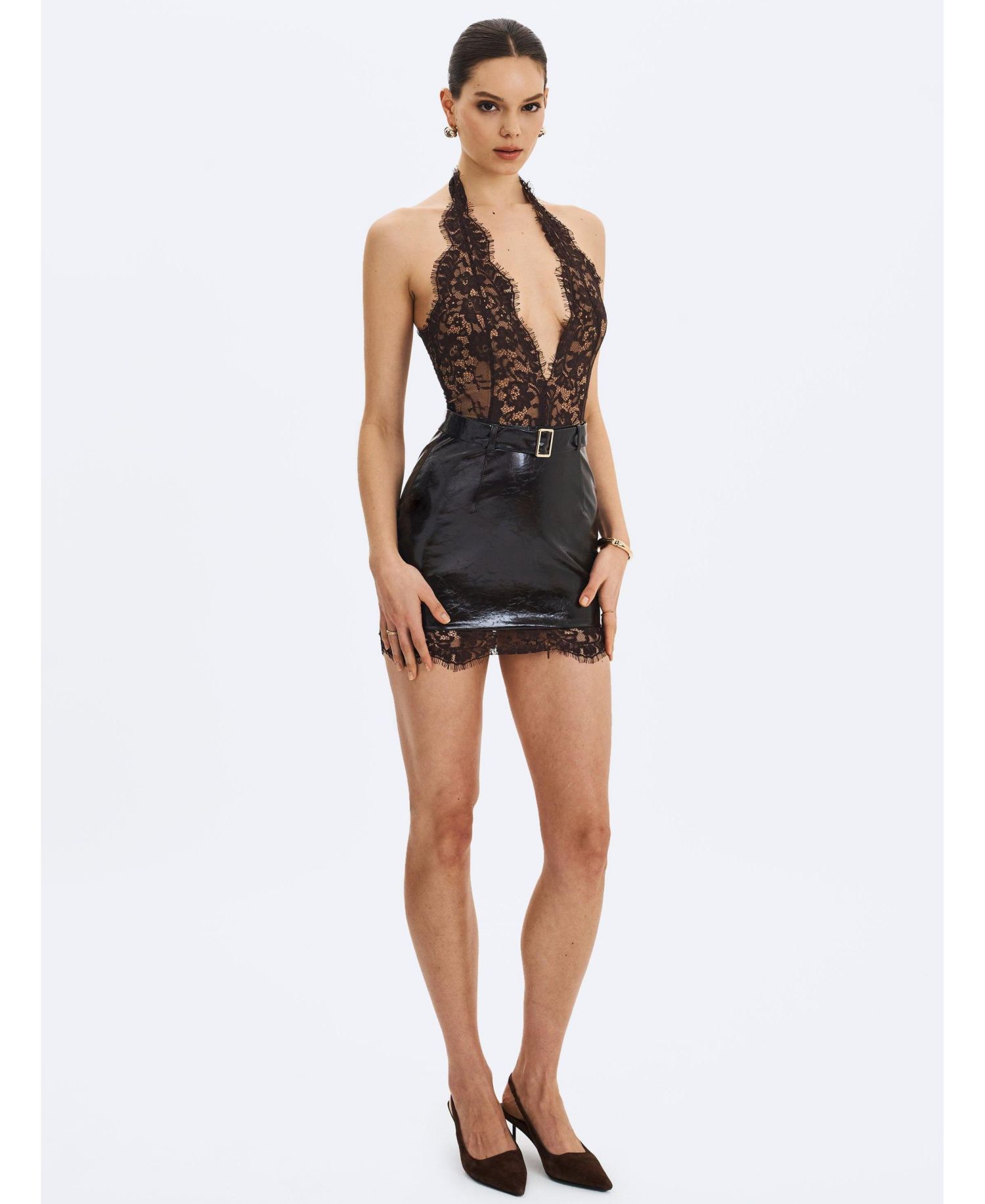 Women's Faris Mahogany Plunging Halter Belted Mini Dress