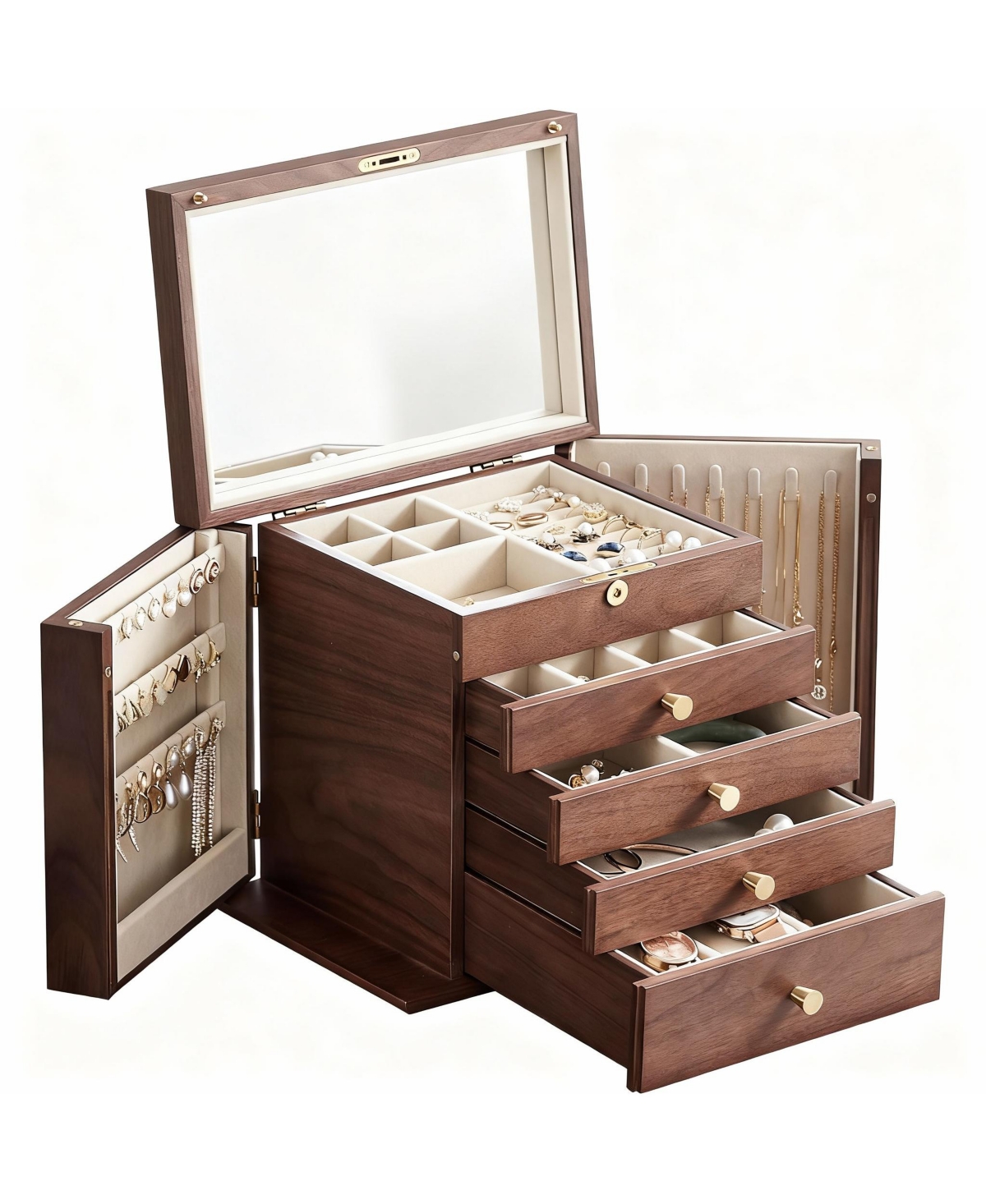 Yigii Luxury Walnut Jewelry Organizer with Mirror and Lock