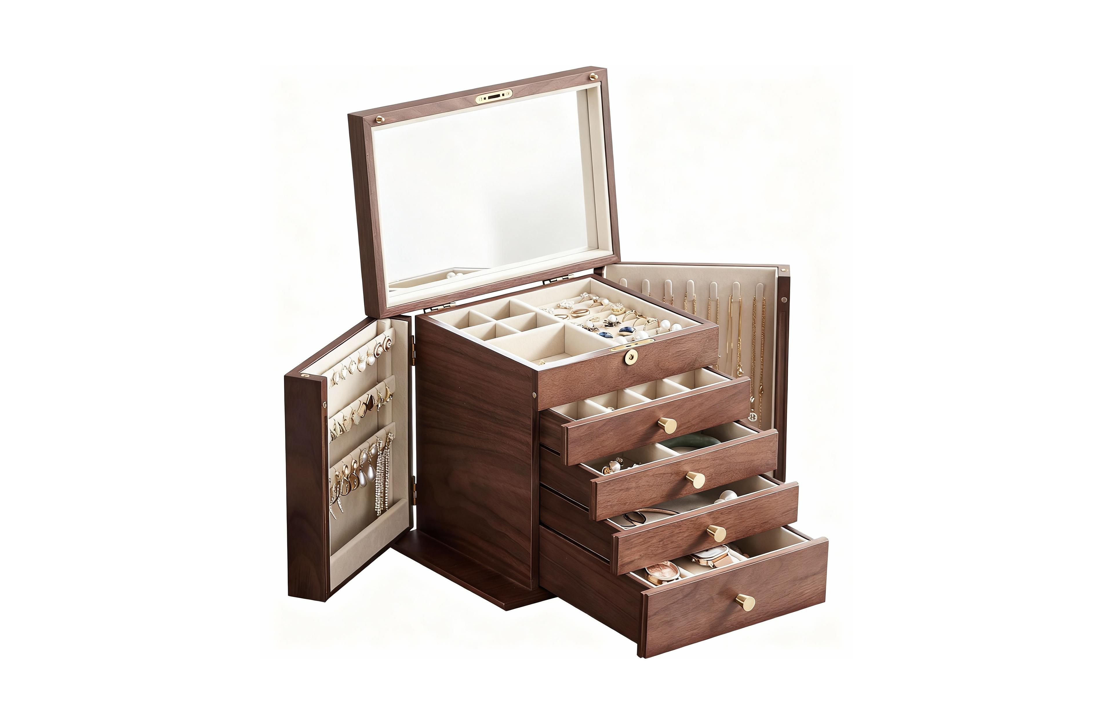 Yigii Luxury Walnut Jewelry Organizer with Mirror and Lock
