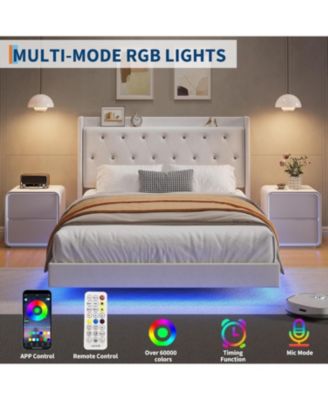 Full LED Bed Frame with Storage Shelves, Modern Upholstered Headboard, Heavy Duty Metal Slats, No Box Spring Needed, Noise Free
