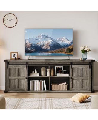 Farmhouse TV Stand for 75 Inch TV, Entertainment Center with Storage Cabinets and Sliding Barn Doors