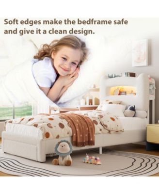 LED Full Bed Frame with 2-Tier Storage Headboard, Upholstered Platform Bed with Charging Station and Drawer, No Box Spring Needed