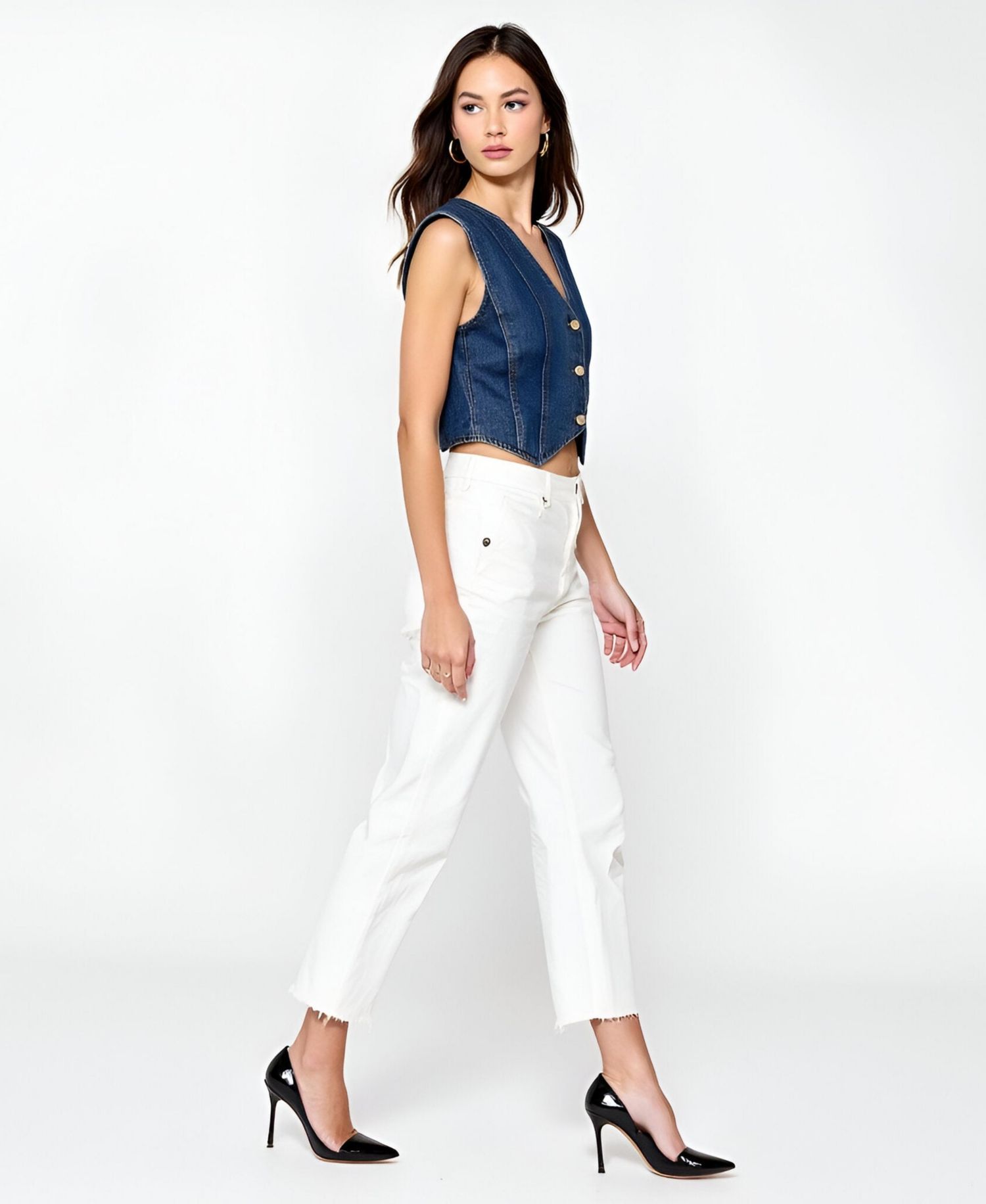 Women's V-Neck Button-Front Angled Hem Denim Vest