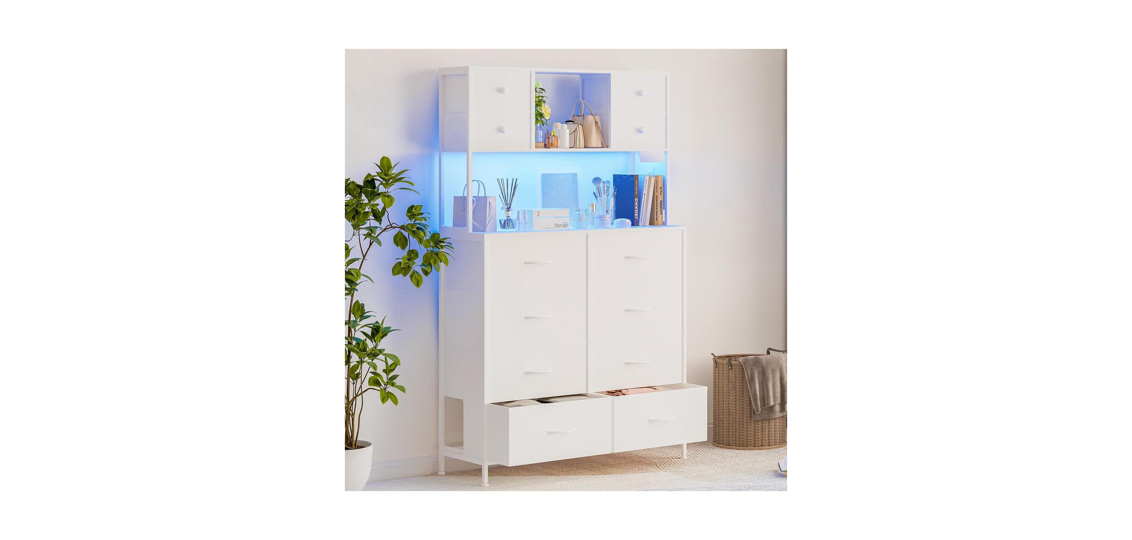 gaomon Dresser for Bedroom, 12-Drawer Fabric Chest with Led Lighting, Power Outlet and Open Shelves, Wood Top & Metal Frame for Bedroom