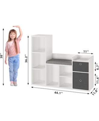Kids Bookshelf with Reading Nook – White Wooden Toy Storage Organizer, 6-Cubby Storage Bench with Seat Cushion and 2 Drawers