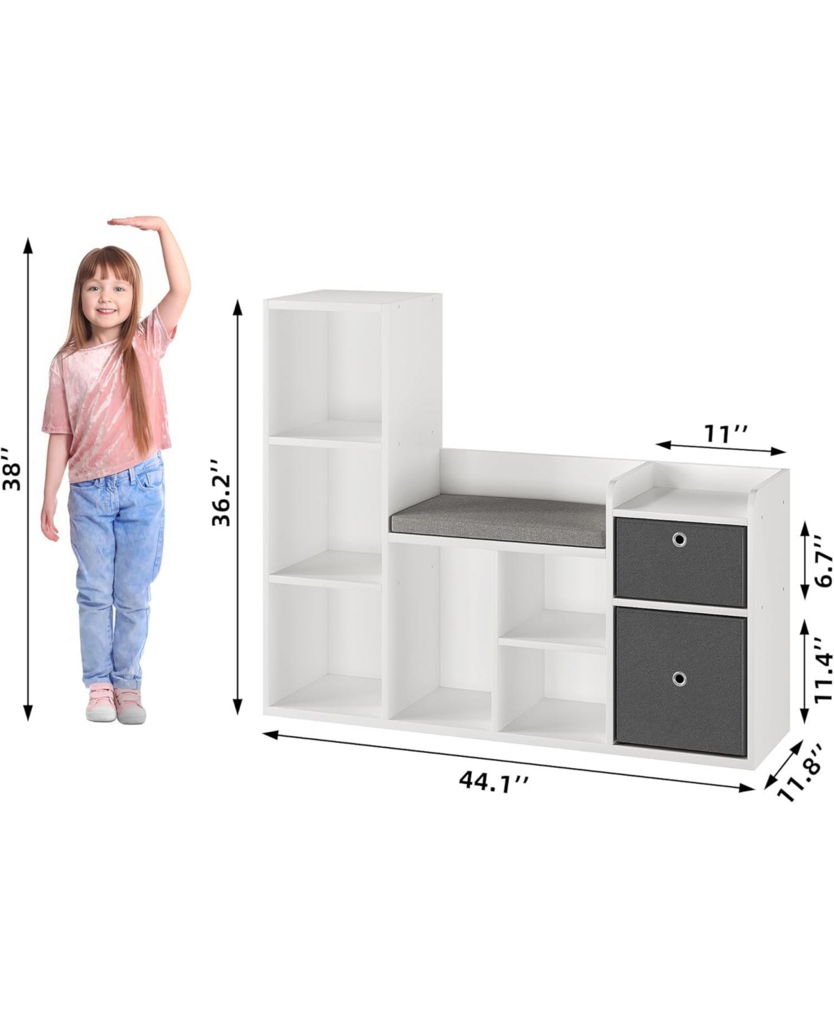 gaomon Kids Bookshelf with Reading Nook – White Wooden Toy Storage Organizer, 6-Cubby Storage Bench with Seat Cushion and 2 Drawers
