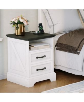 Wood Nightstand with Charging Station & 2 Drawers,Bedside Table