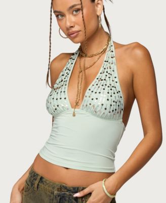 Women's Sequin Plunge Neck Halter Top