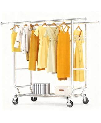 Adjustable 3-in-1 Metal Garment Rack with Storage Basket and Wheels