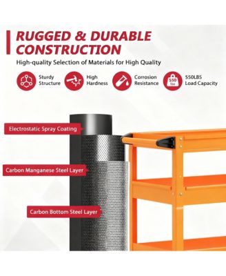 3 Tier Rolling Tool Cart with Drawer & Pegboard, 550 lbs Capacity, Easy Assembly