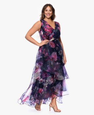 Plus Size V-Neck Printed Ball Gown Dress