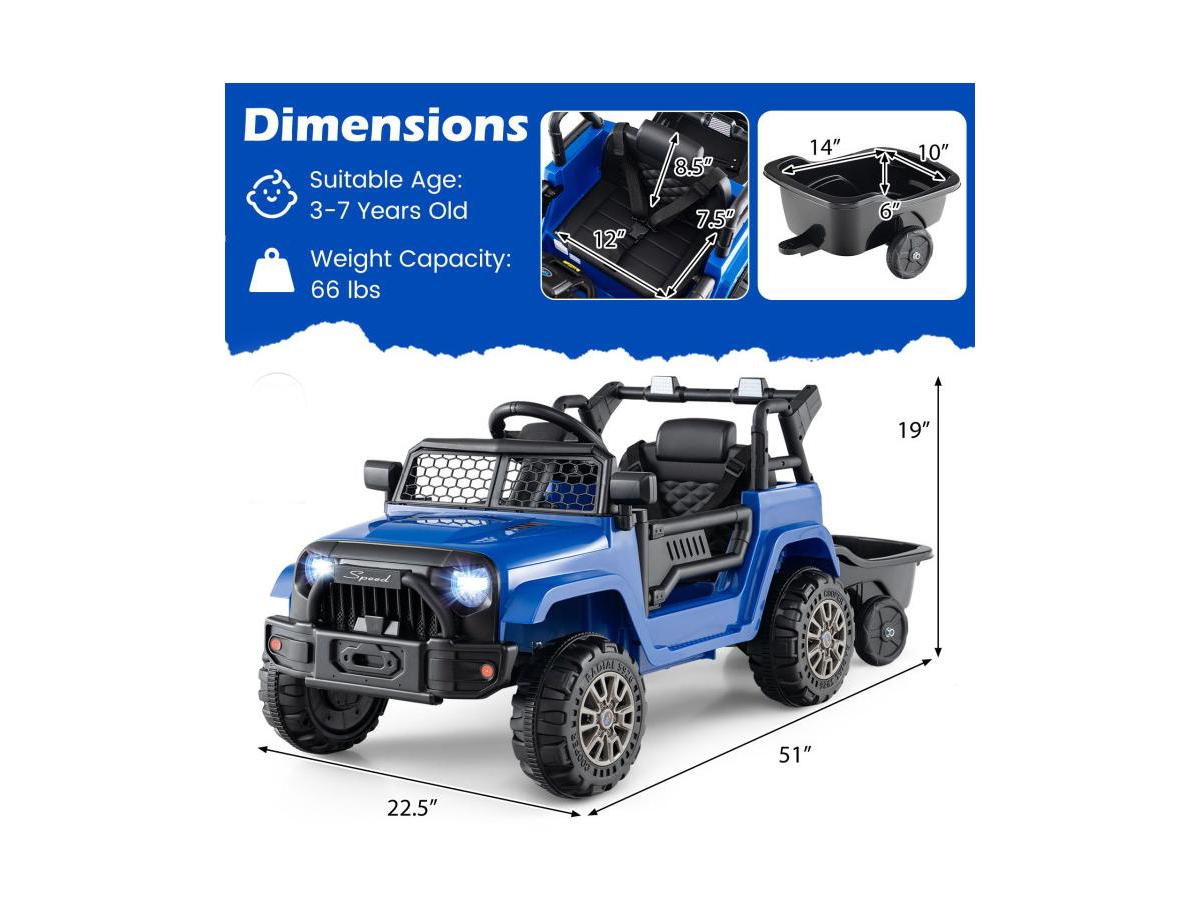 Slickblue 12V Kids Ride-On Utv with Detachable Trailer, Battery Powered