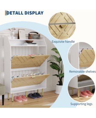 Narrow Shoe Cabinet with 2 Drawers, Slim Freestanding Shoe Storage Organizer with Wood Grain & White Finish