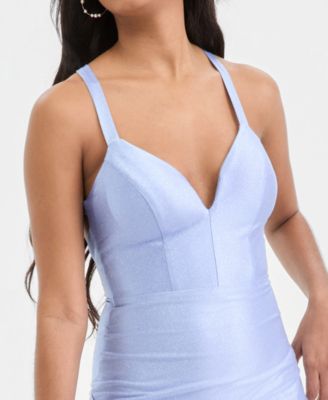 Juniors' Glitter Gown with High Slit and X Back 