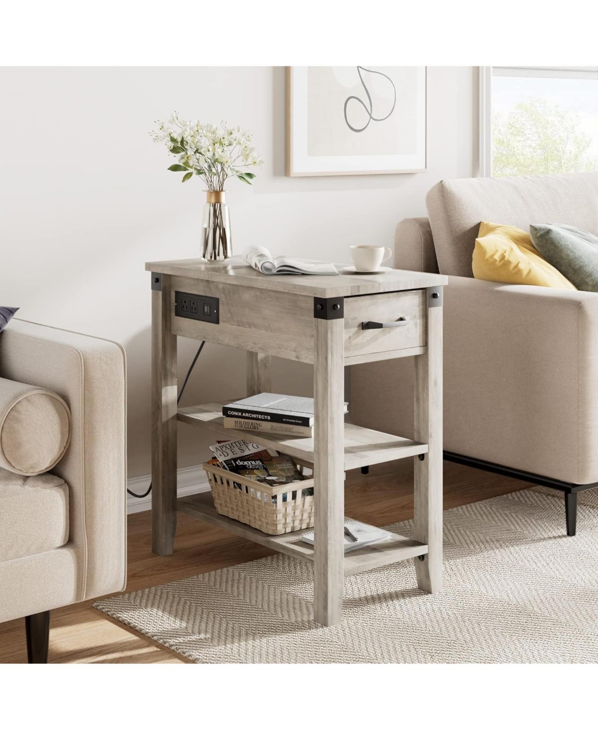 gaomon End Table with Usb Ports and Outlets, Flip Top Side Table Narrow Bedside Table with Drawer and Storage Shelves for Living Room