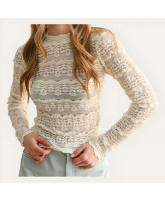 Women's Sheer Lace Scalloped Mock Neck Long Sleeve Top