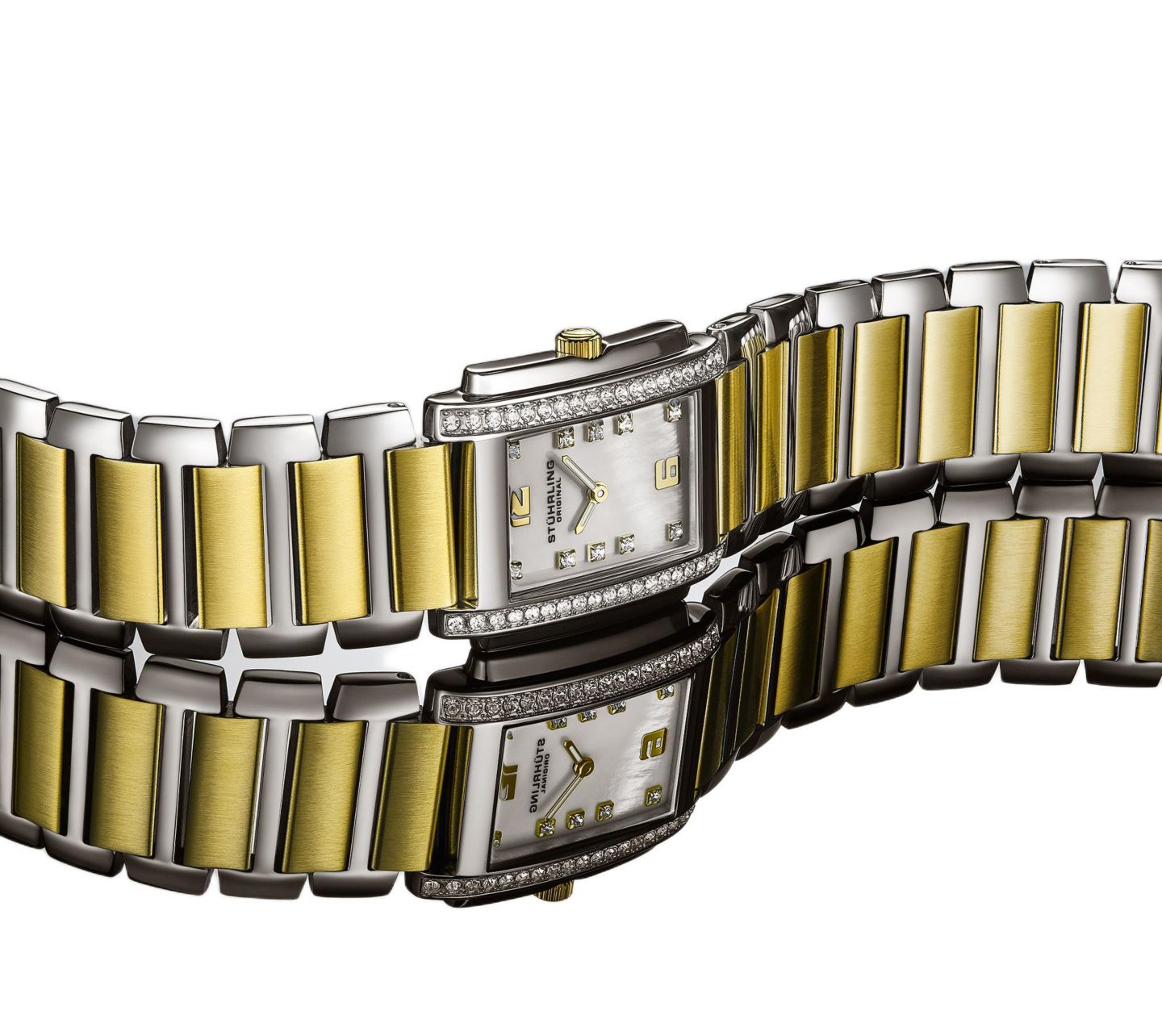 Женские часы Stuhrling Serafine Rectangular Quartz Watch, Two-Tone Case, Mother-of-Pearl Dial & Swarovski Crystal Bezel, цвет: Двухцветный жёлтый — фото 3