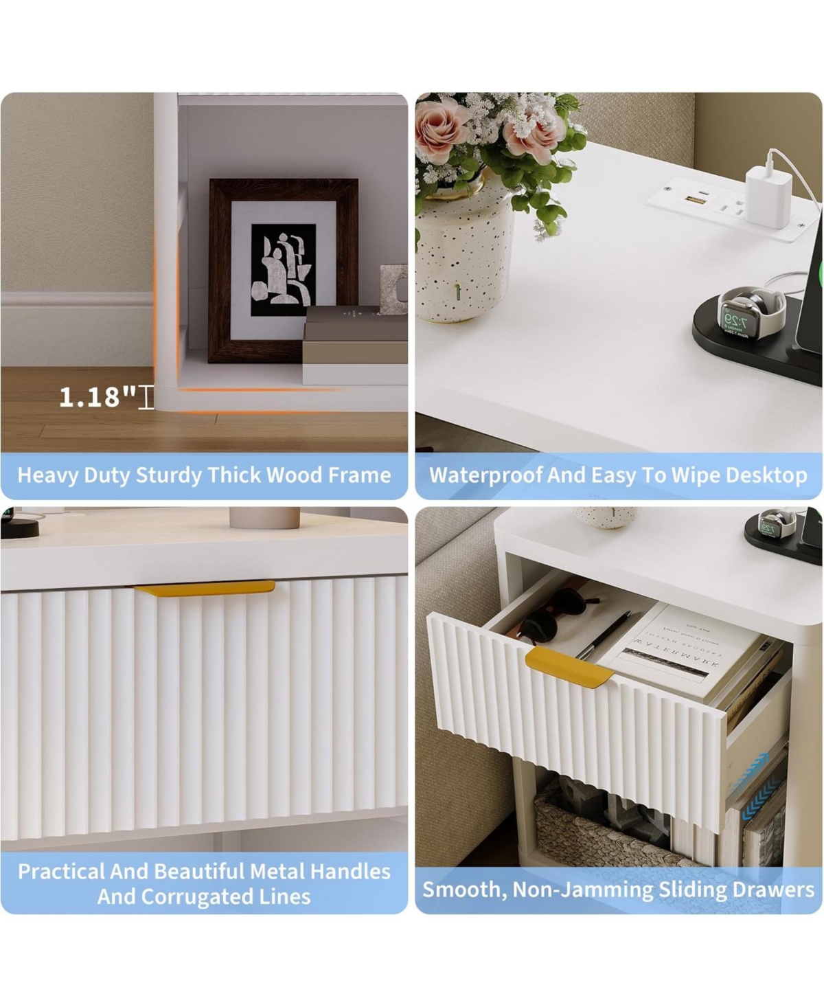 gaomon Fluted Nightstand Set of 2,Mid Century Bedside Table,Wooden End Table,Farmhouse Night Stand with 1 Drawer,Open Shelf