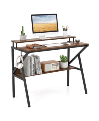 Small Space Computer Desk with Monitor Stand and Storage Shelf, Study Workstation