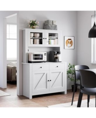 63" Tall Kitchen Pantry Cabinet with Drawers, Hutch & Glass Doors