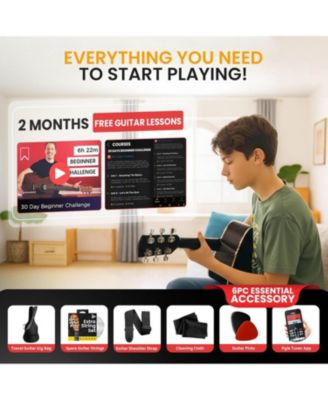 Beginner Acoustic Guitar Kit – 3/4 Junior Size 36” All-Wood Guitar with Full Accessories, Tuner App & Lessons