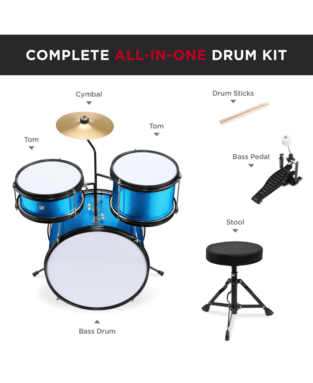 Best Choice Products Kids Beginner 3-Piece Drum, Musical Instrument Set w/ Sticks, Cushioned Stool, Drum Pedal