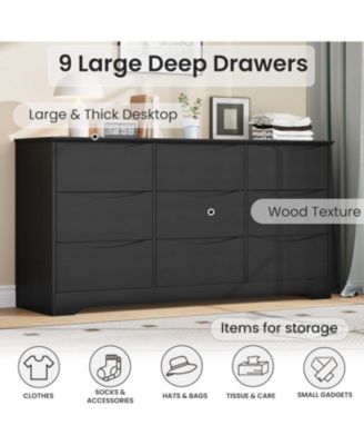 Wooden Dresser with 9 Drawers, Tall Modern Closet with Deep Storage, Large Chest of Drawers with Wide Top, Long Storage Dresser for Bedroom